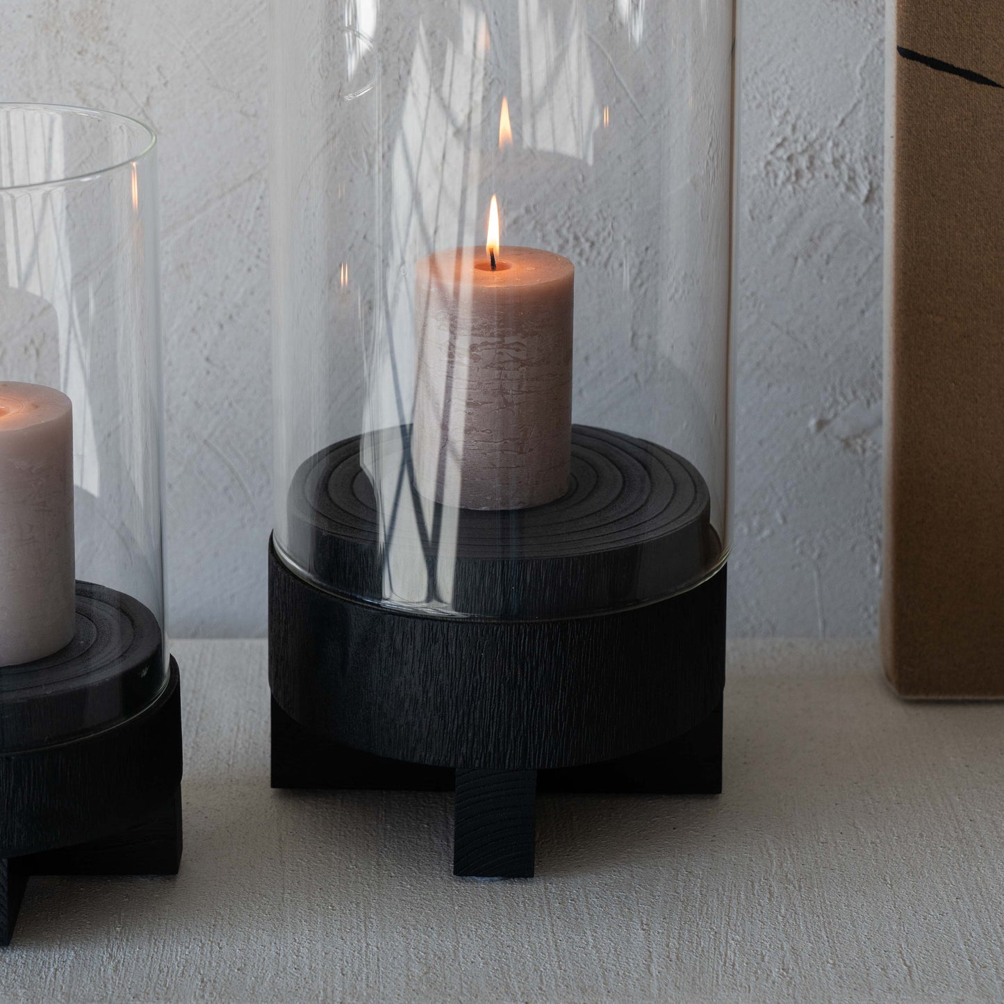 Solid Wood Black Candle Holder With Glass Cover