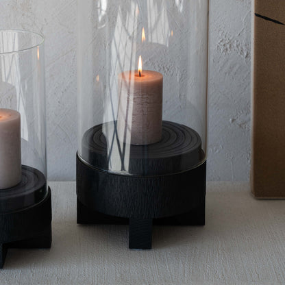 Solid Wood Black Candle Holder With Glass Cover